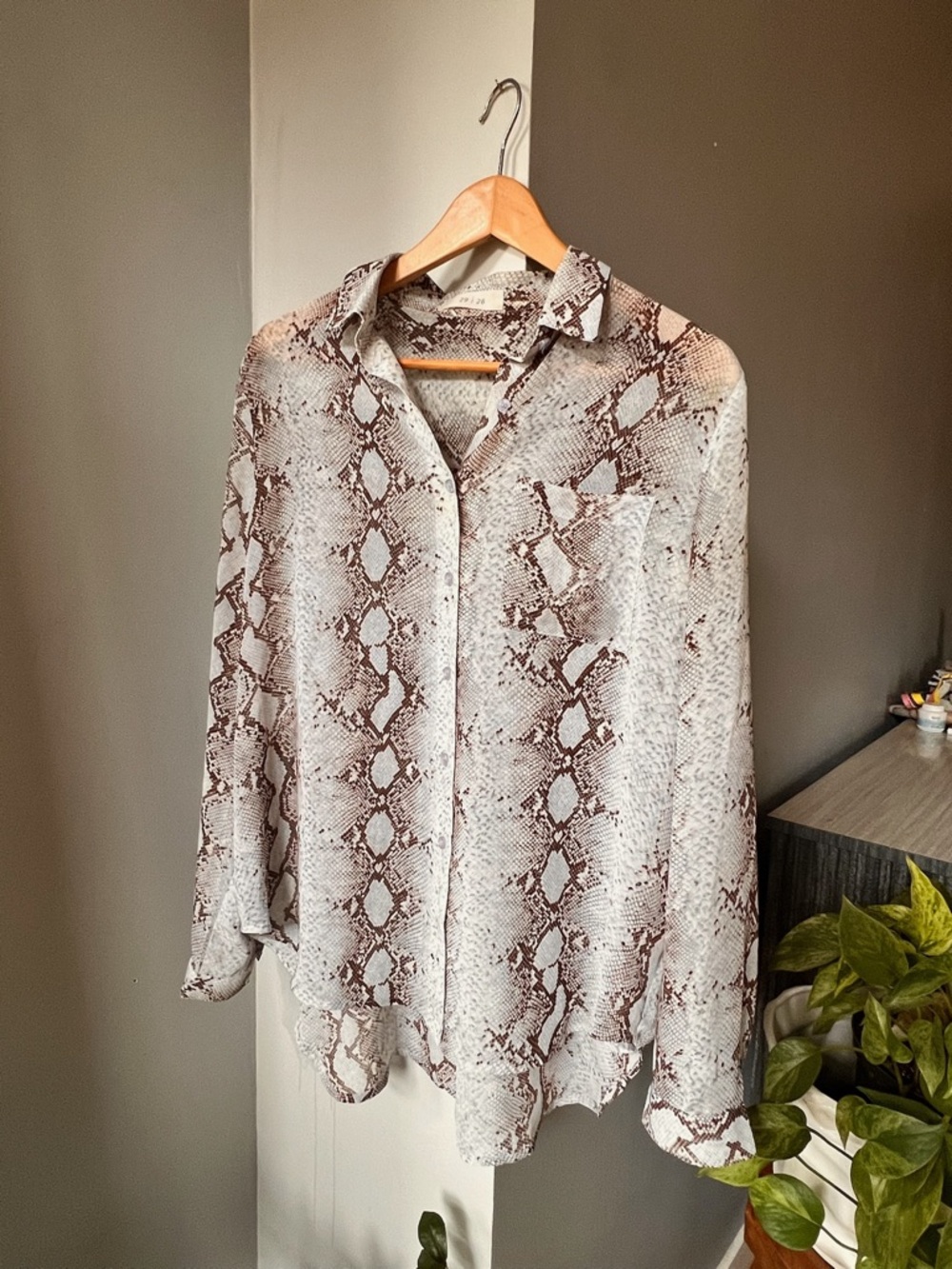 Snake Print sheer Button-Up Blouse in pale Creamy grey and Brown
